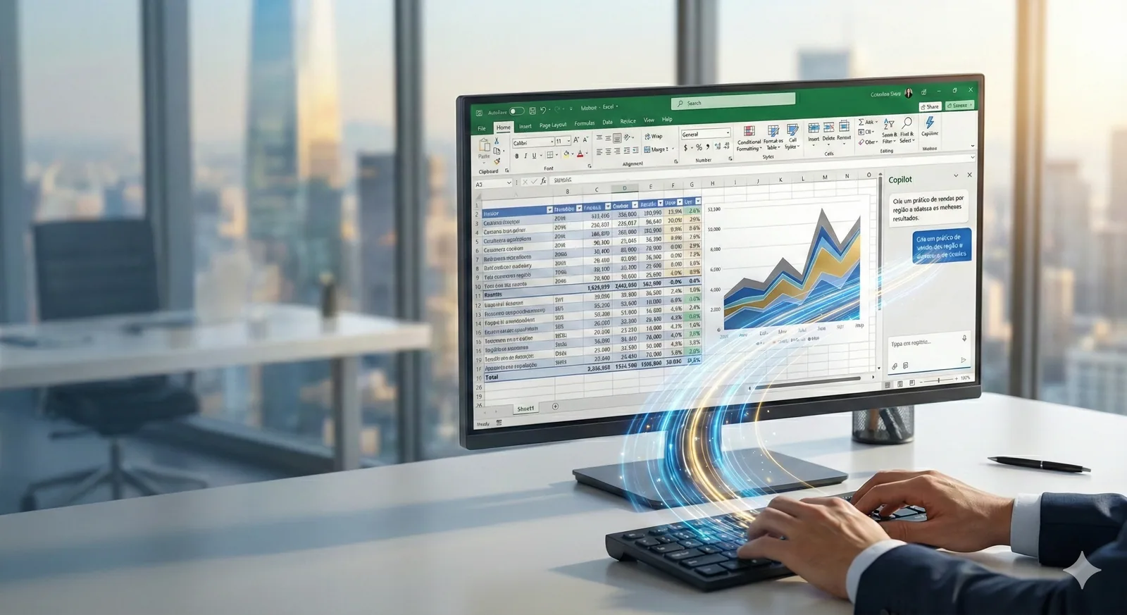 Interface do Microsoft Copilot no Excel mostrando análise de dados com IA e geração automática de fórmulas