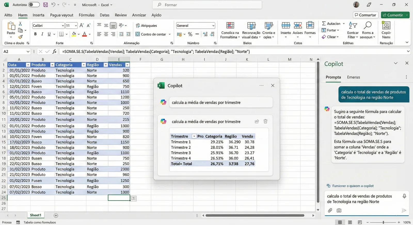 Example of formula prompt and Copilot response in Excel