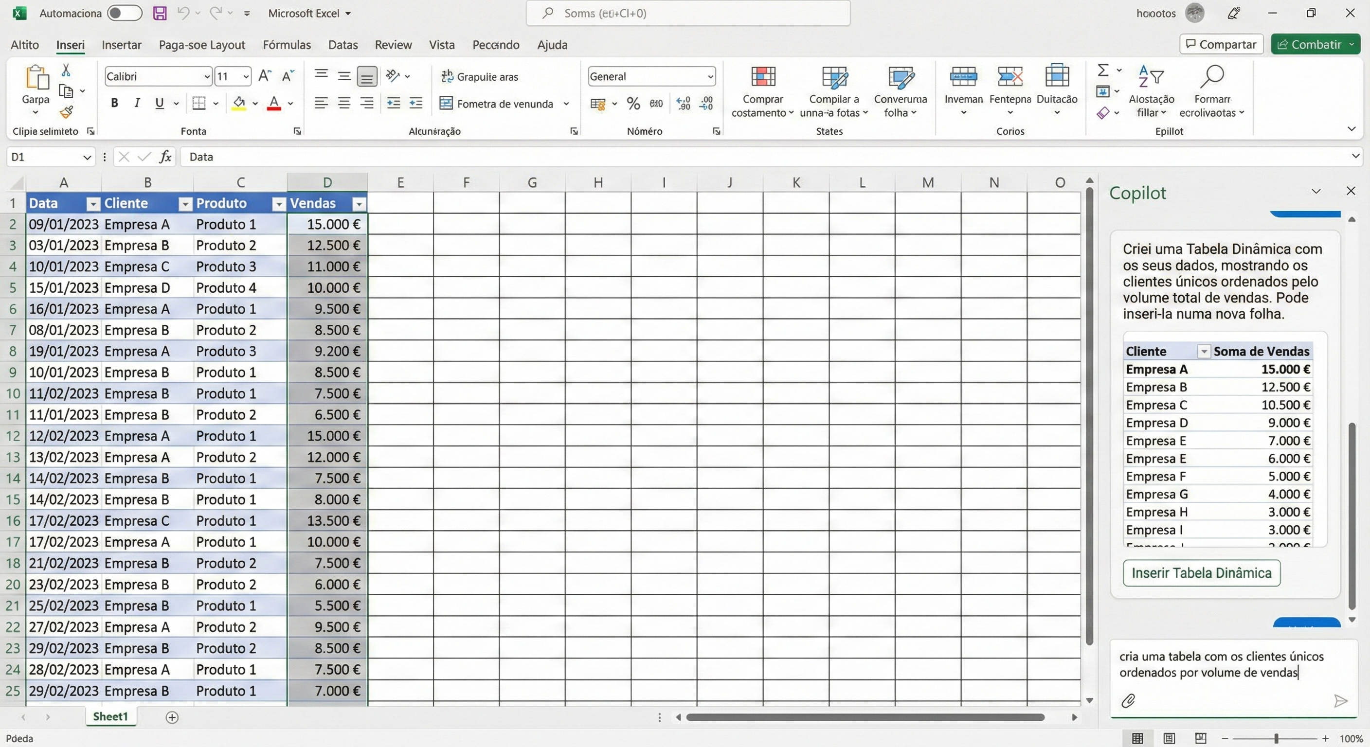 Copilot interface in Excel processing a data analysis request