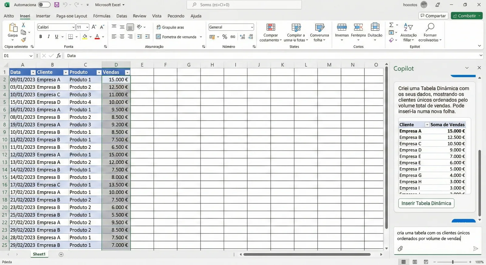 Copilot interface in Excel processing a data analysis request