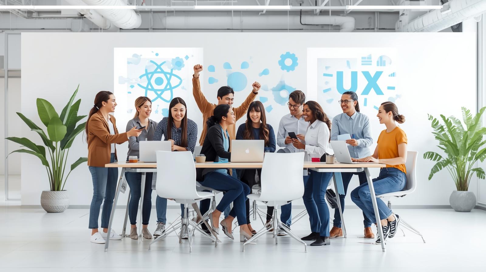 Tech team collaborating in a modern workplace environment