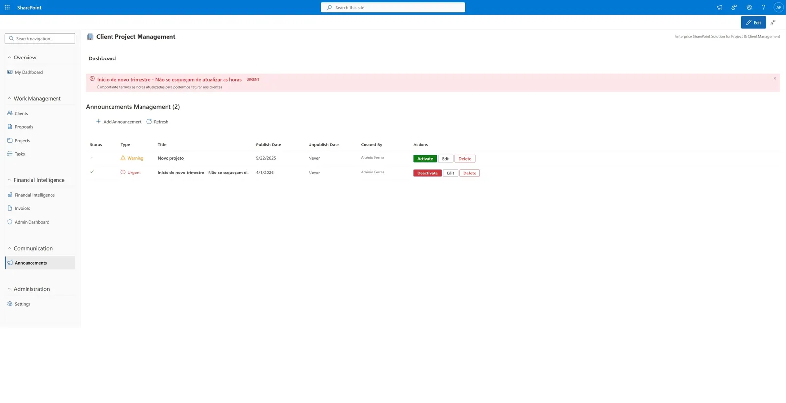 Internal announcements management with Warning and Urgent types