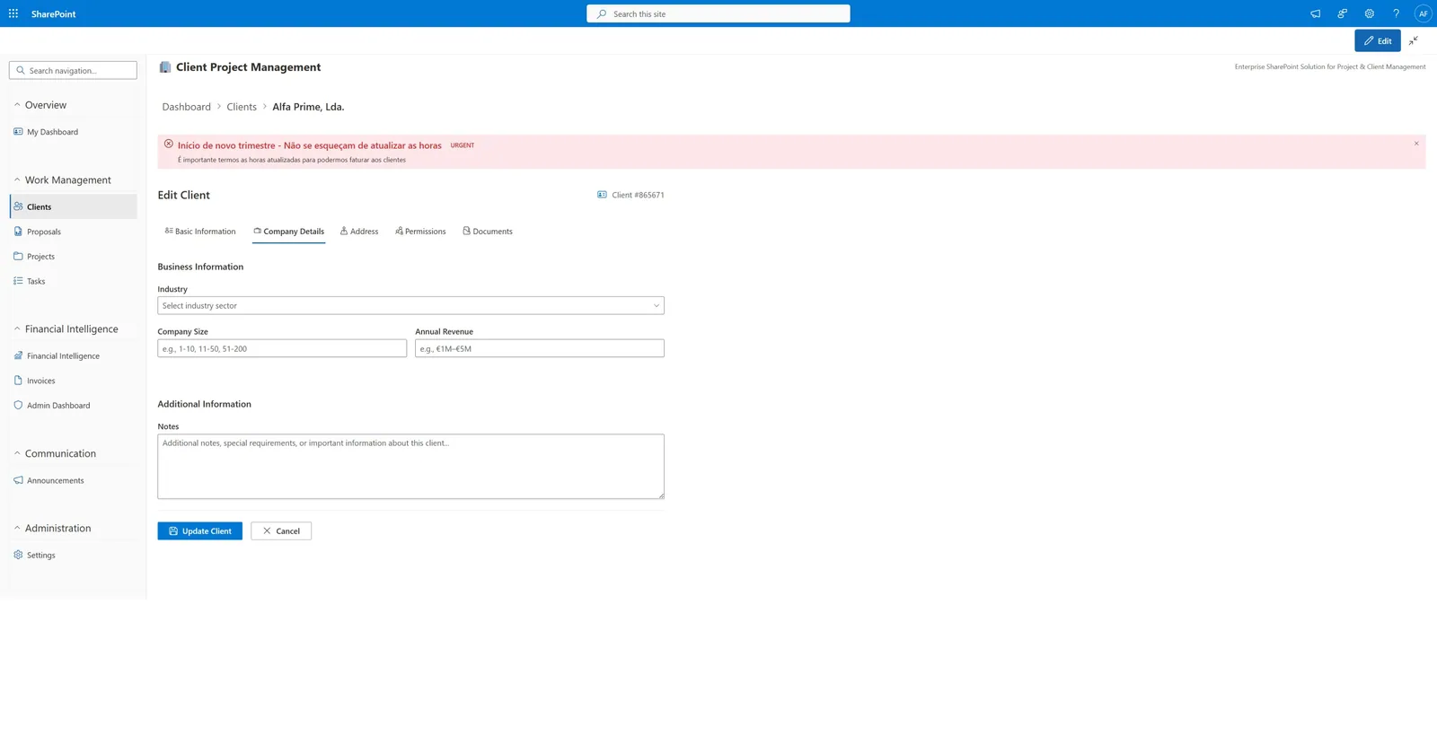 Client detail card with tax ID, sector, contacts and notes