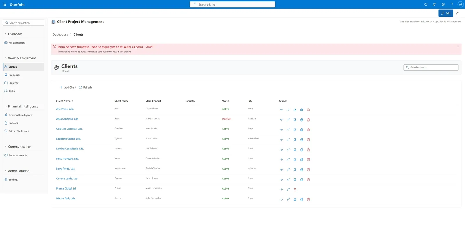 Client directory list with status and primary contact