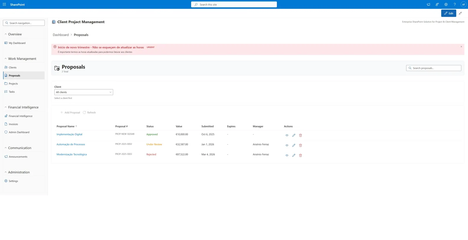 Proposals list with status, value and assigned manager