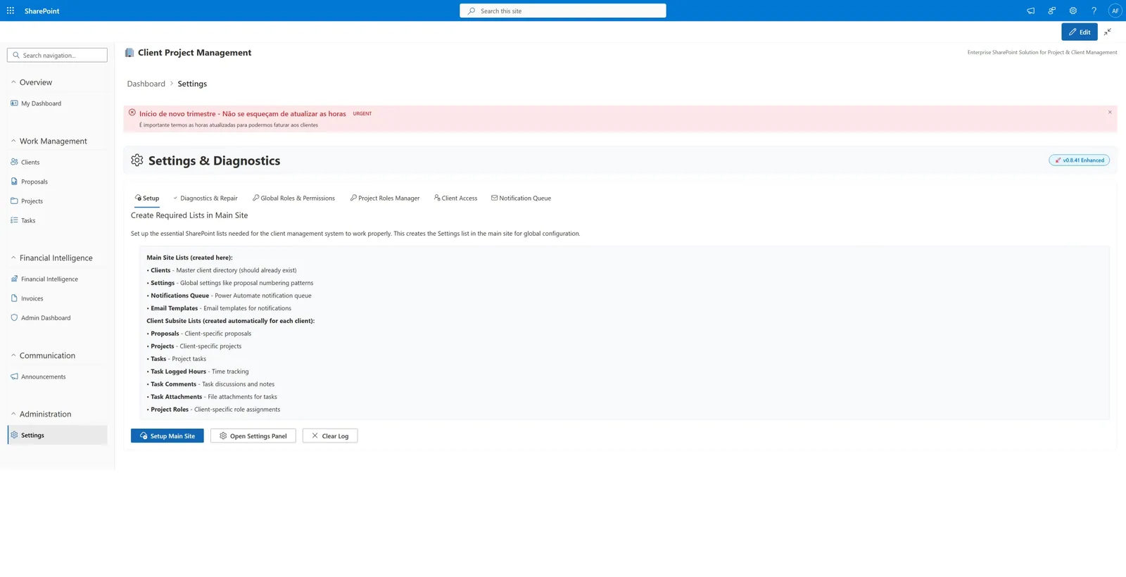 Settings panel showing SharePoint list setup and diagnostics