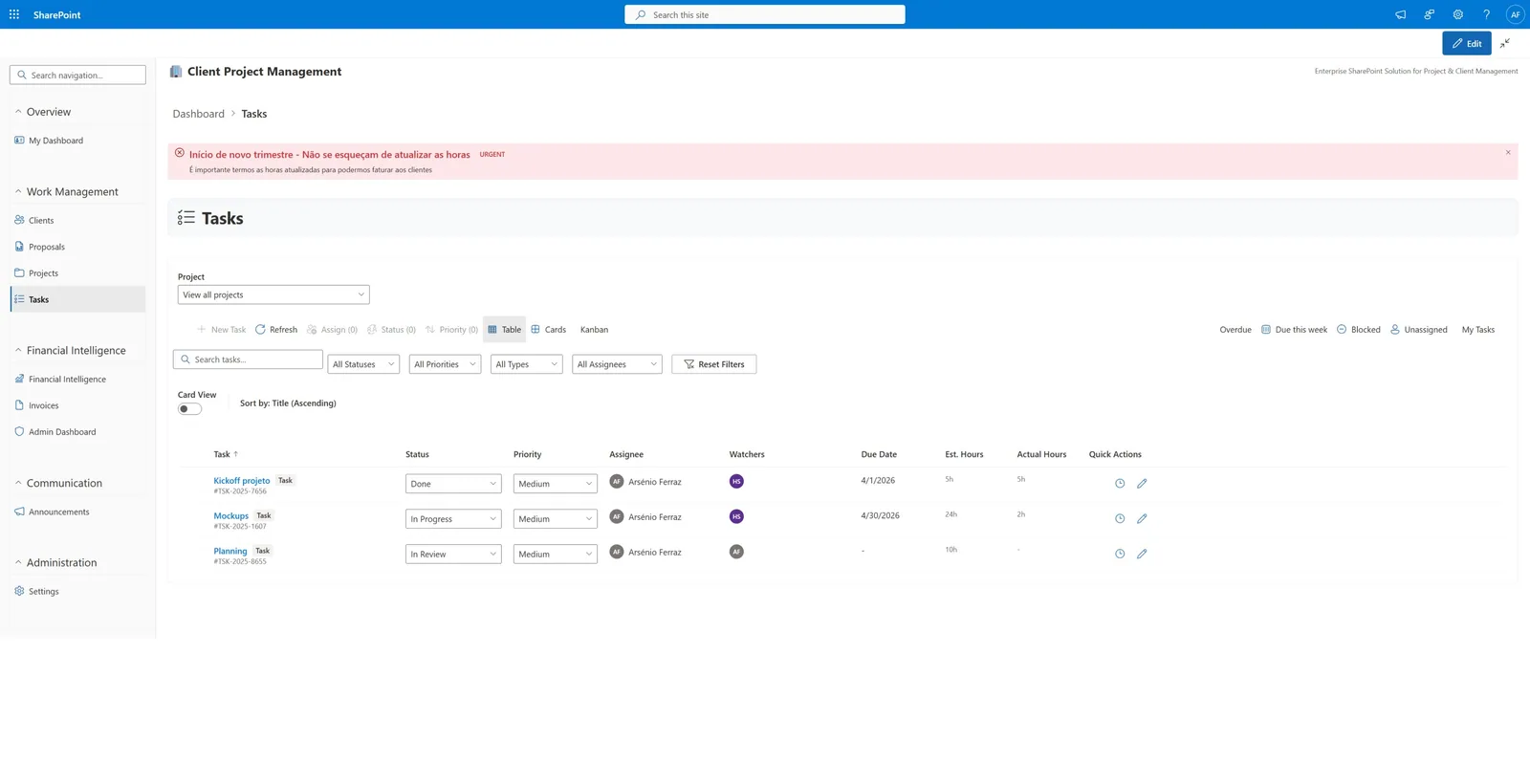 Kanban task board with columns by status