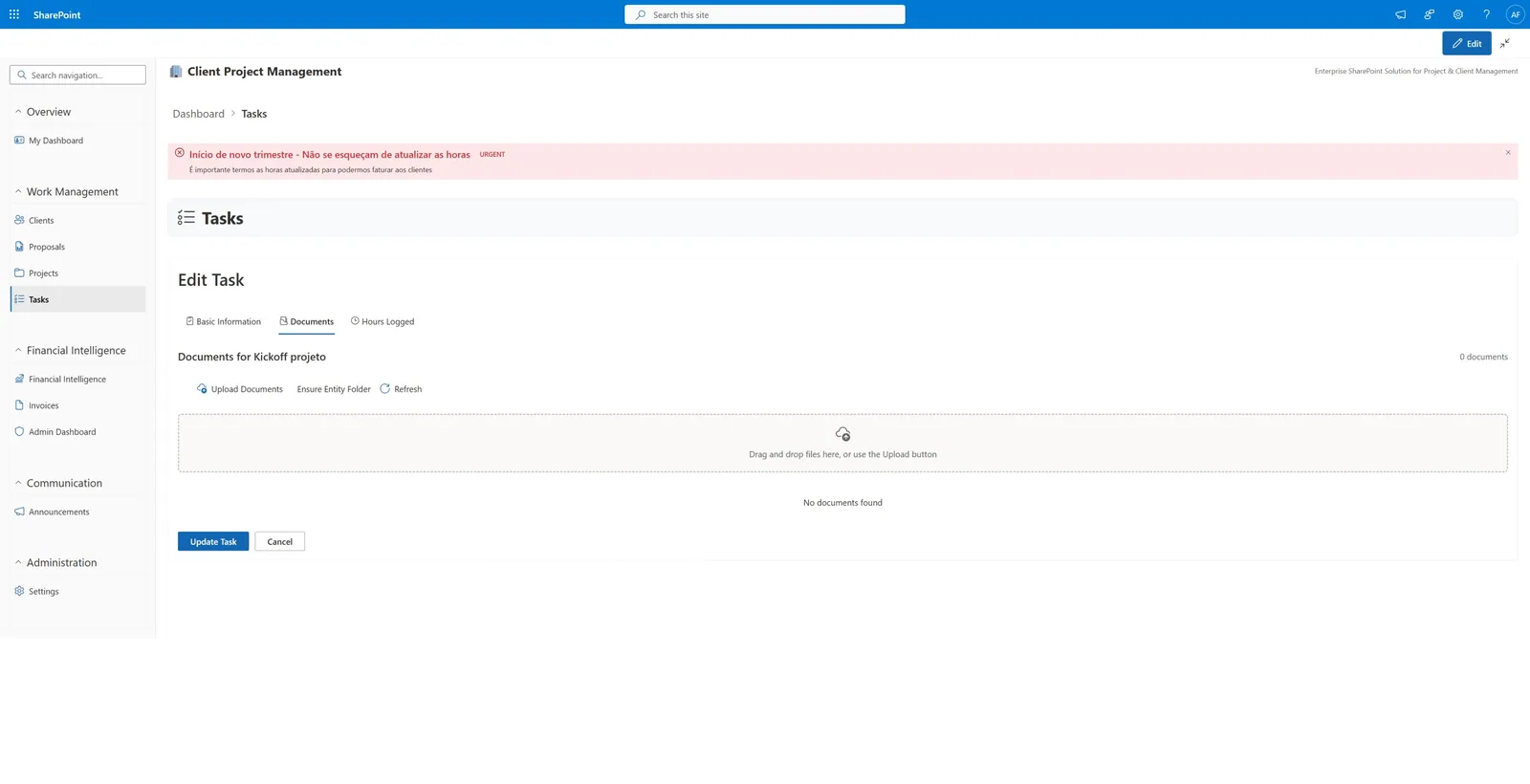 Task detail with estimated hours, actual hours and attachments