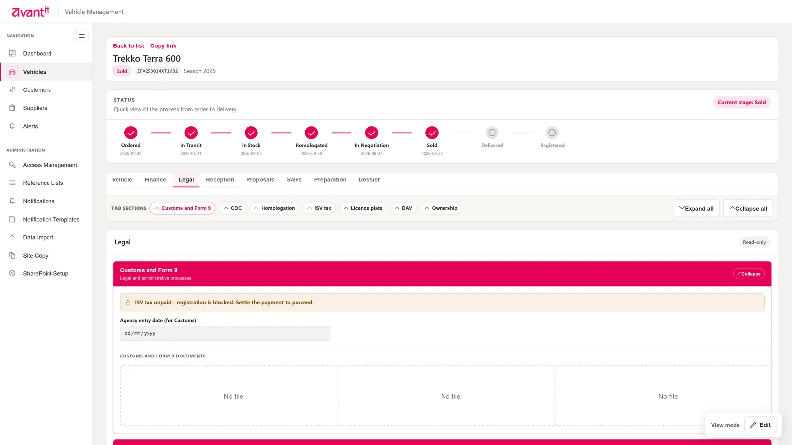 Legal tab with customs, COC, homologation, ISV tax and registration