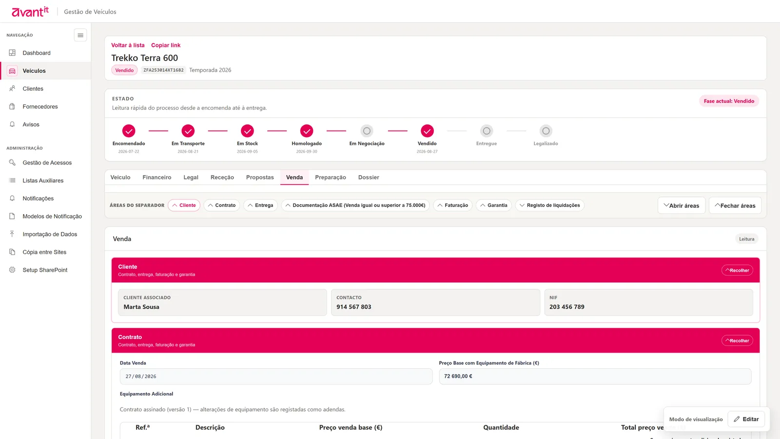 Separador Venda com cliente, contrato, plano de pagamentos e entrega