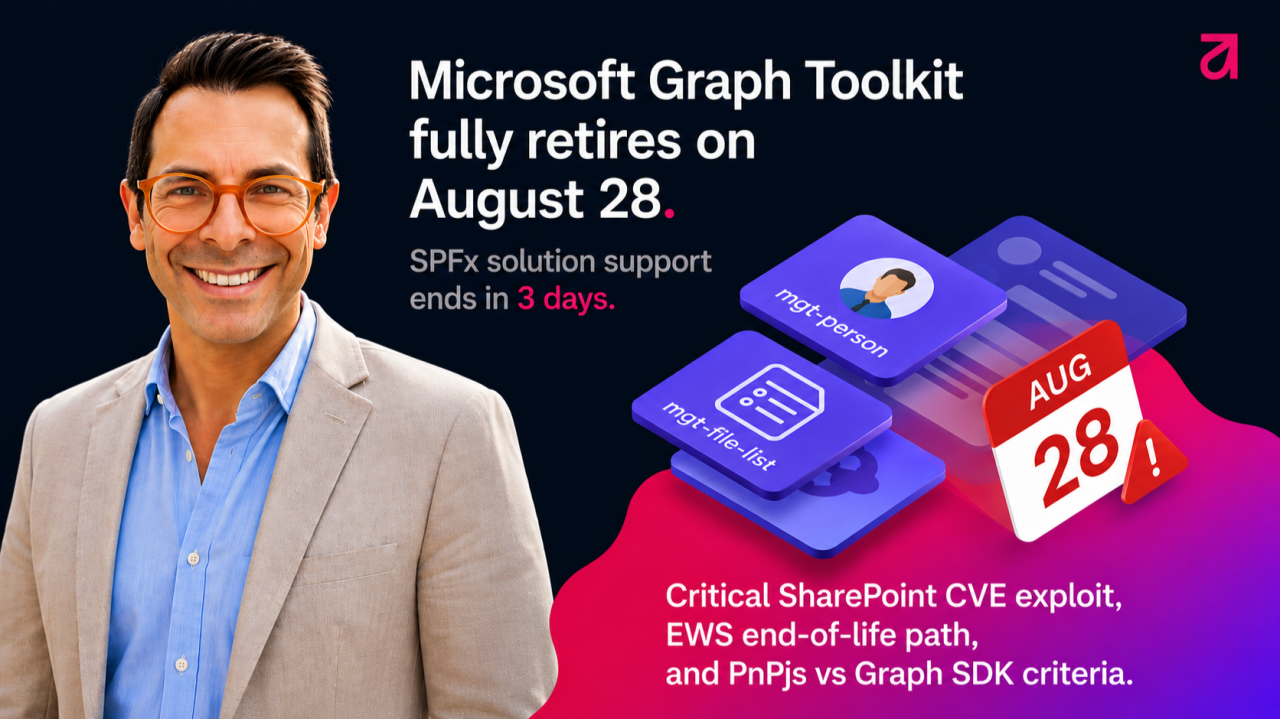 Capa da AvantIT Insider: o Microsoft Graph Toolkit termina totalmente a 28 de agosto, fim do suporte a soluções SPFx, com cartões dos componentes mgt-person e mgt-file-list ao lado de um calendário marcado a 28 de agosto